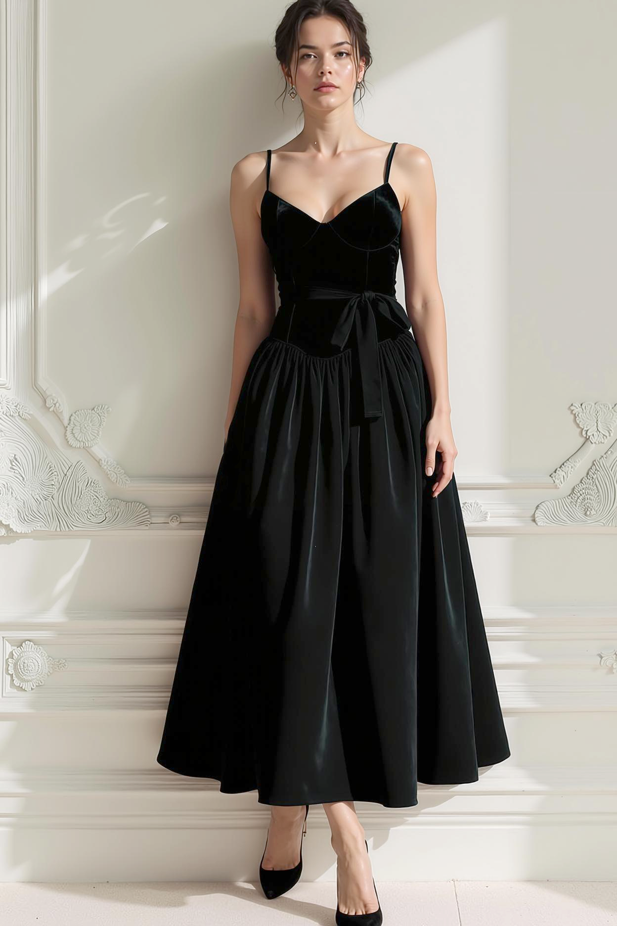 Leely Women Cabernet Velvet Long Holiday Party Dress with Bow A Line Spaghetti Straps Evening Dress