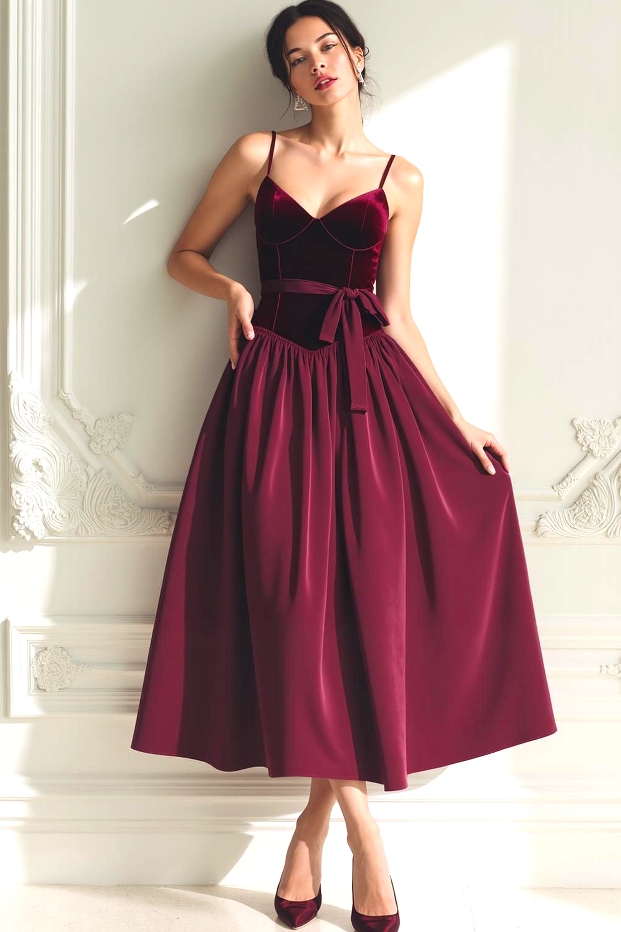 Cabernet Long A Line Spaghetti Straps Holiday Party Dress with Bow