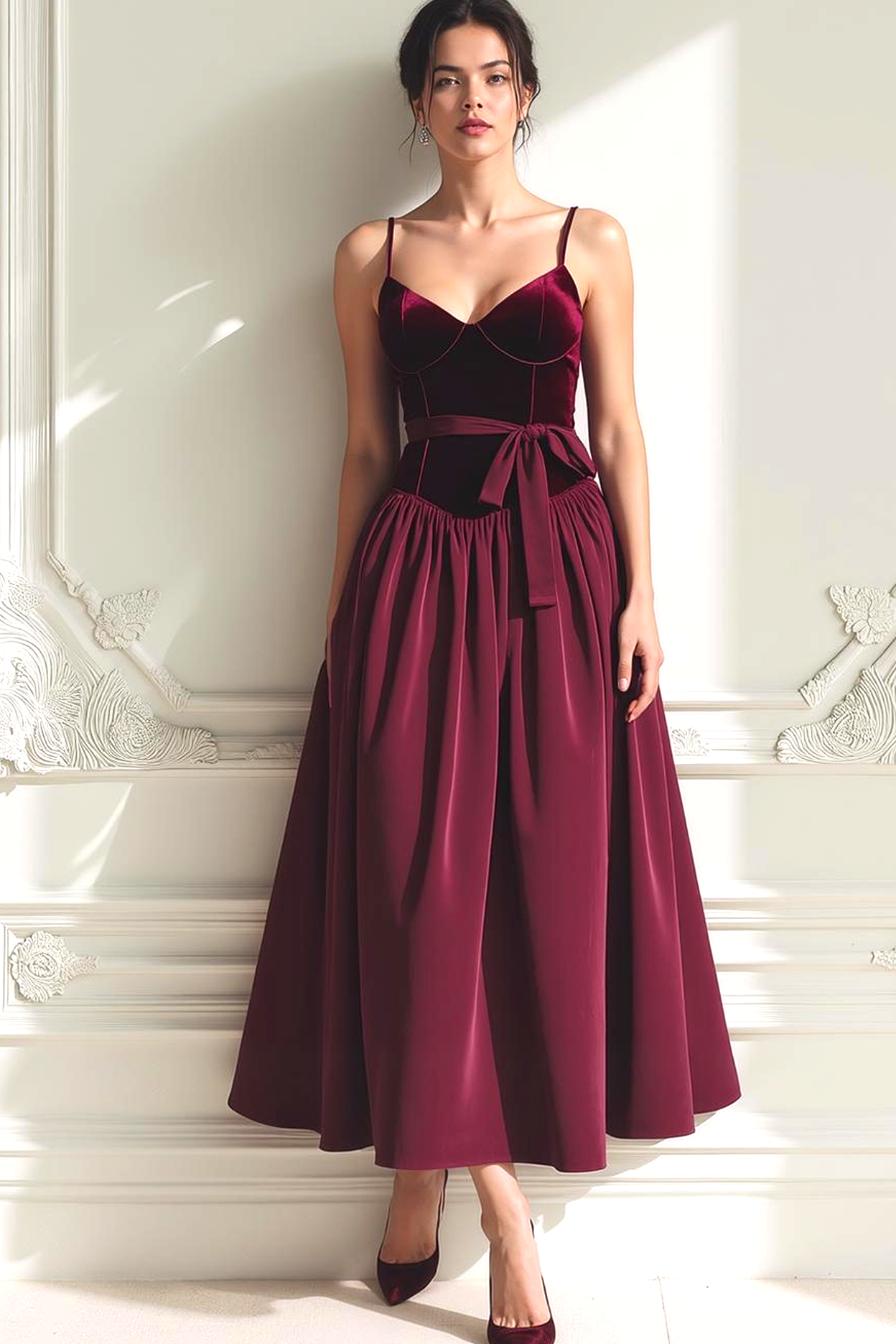Cabernet Long A Line Spaghetti Straps Holiday Party Dress with Bow