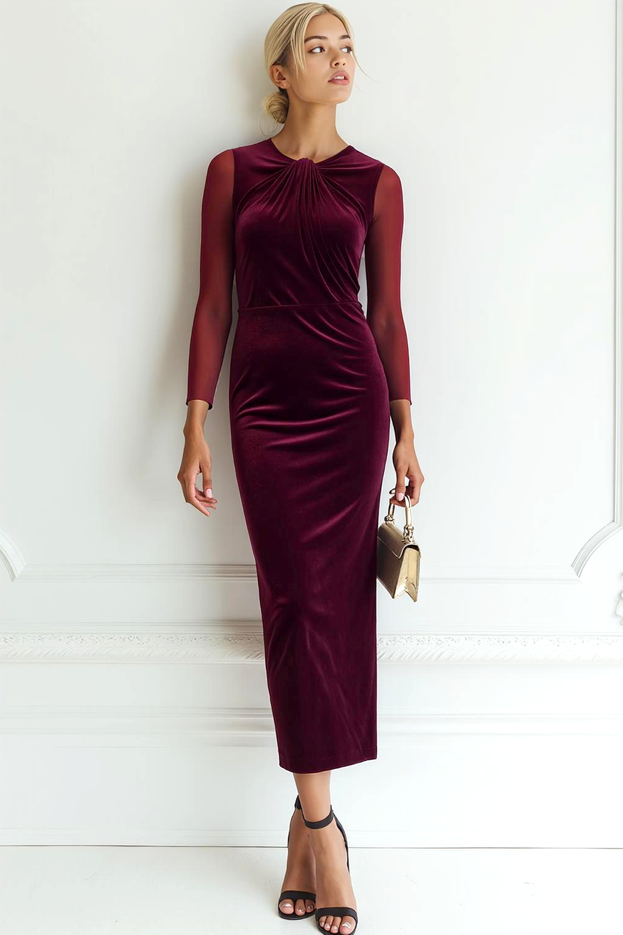 Leely Women Cabernet Maxi Velvet Evening Dress with Sleeves Round Neck Sheath Evening Dress