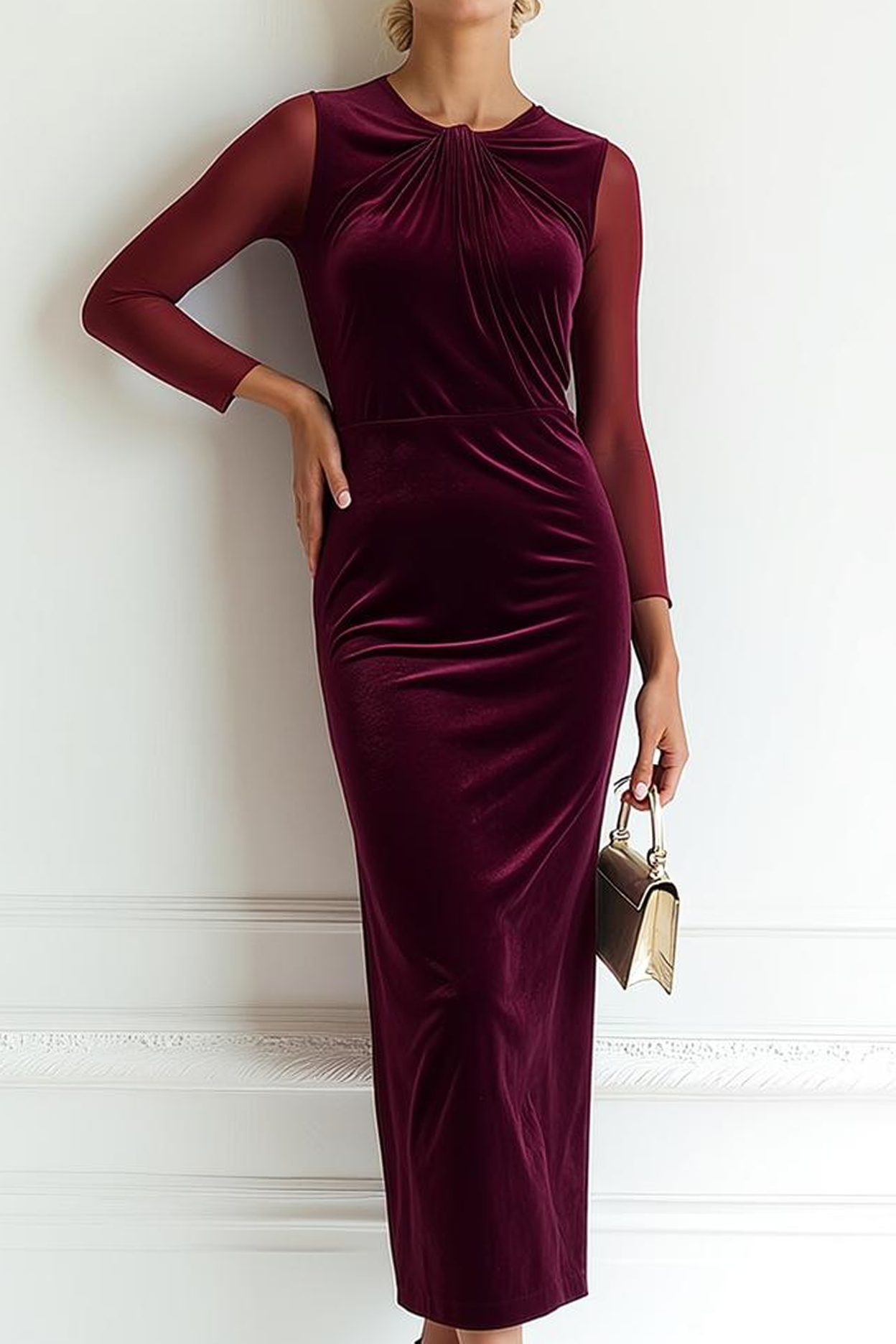 Cabernet Maxi Round Neck Sheath Evening Dress with Sleeves