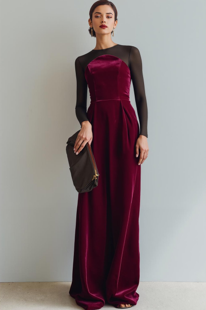Leely Women Cabernet Black Velvet Long Evening Dress with Sleeves Round Neck Sheath Evening Dress