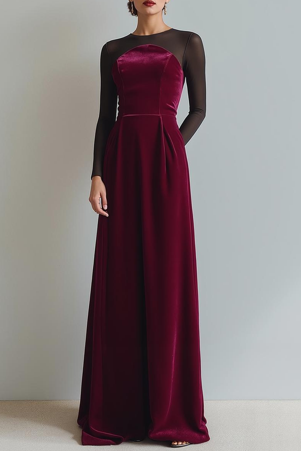Cabernet Black Round Neck Sheath Long Evening Dress with Sleeves