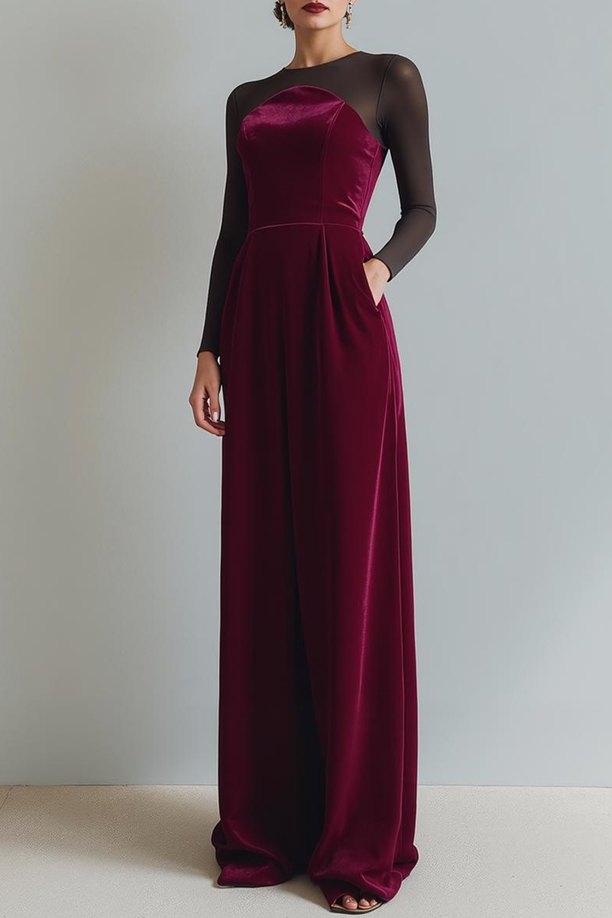 Cabernet Black Round Neck Sheath Long Evening Dress with Sleeves