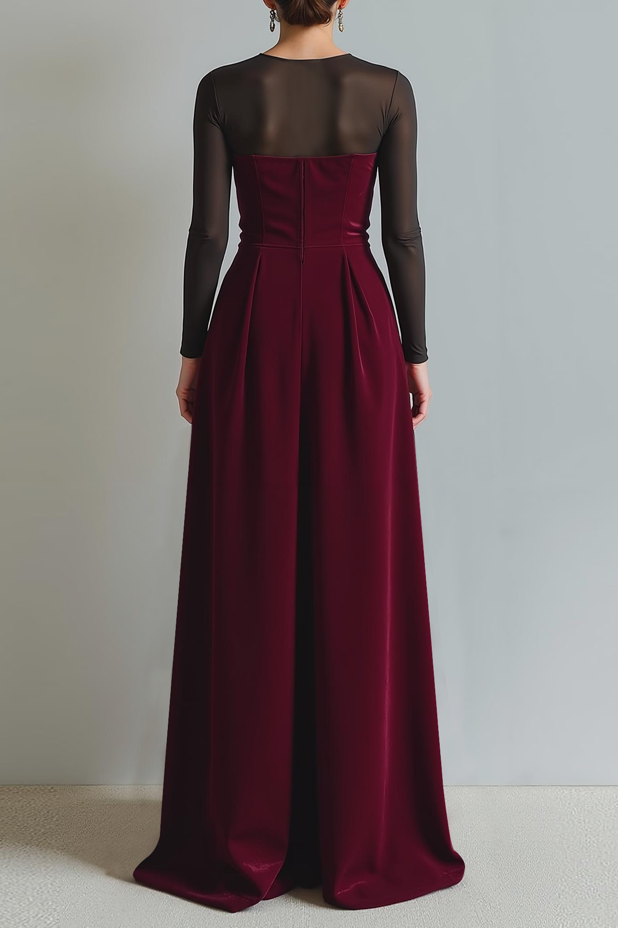 Cabernet Black Round Neck Sheath Long Evening Dress with Sleeves