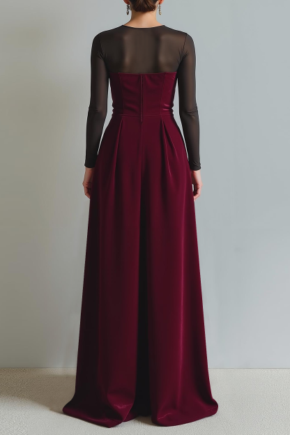 Cabernet Black Round Neck Sheath Long Evening Dress with Sleeves