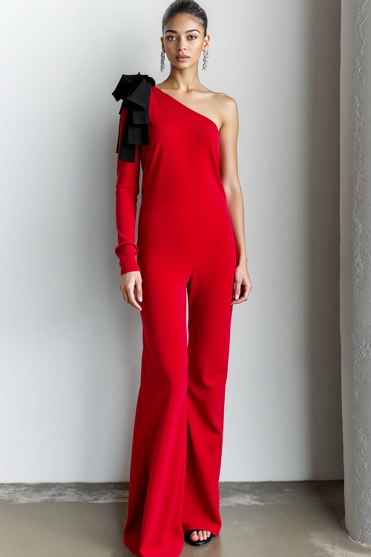 Leely Women Red Fitted Formal Jumpsuit One Shoulder Wedding Guest Jumpsuit with Bow