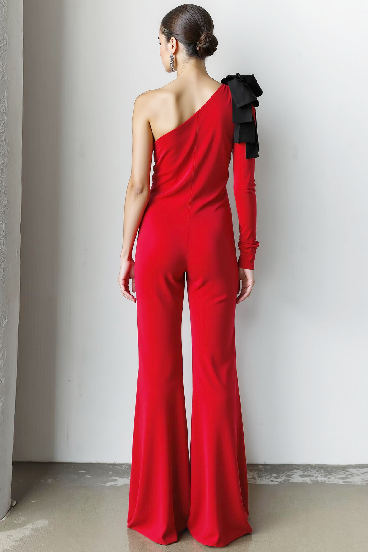 Red One Shoulder Fitted Formal Jumpsuit with Bow