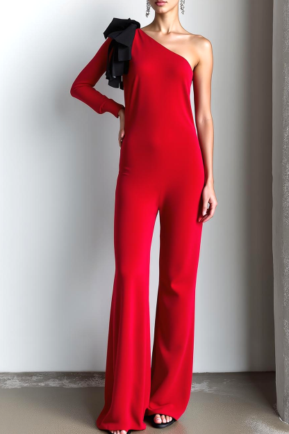 Red One Shoulder Fitted Formal Jumpsuit with Bow