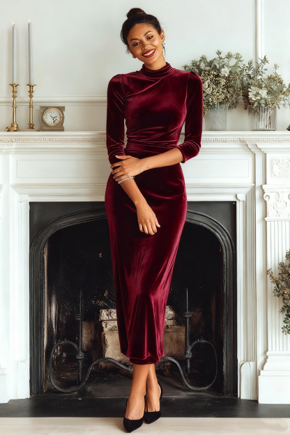 Dark Green Velvet High Neck Sheath Long Formal Dress with Sleeves