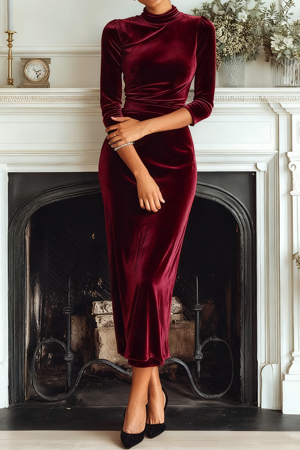 Dark Green Velvet High Neck Sheath Long Formal Dress with Sleeves