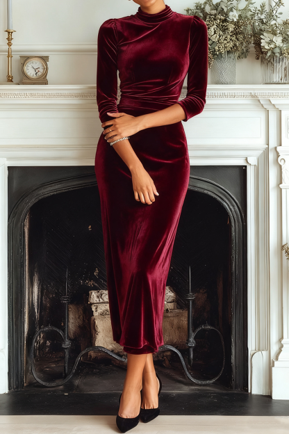 Dark Green Velvet High Neck Sheath Long Formal Dress with Sleeves