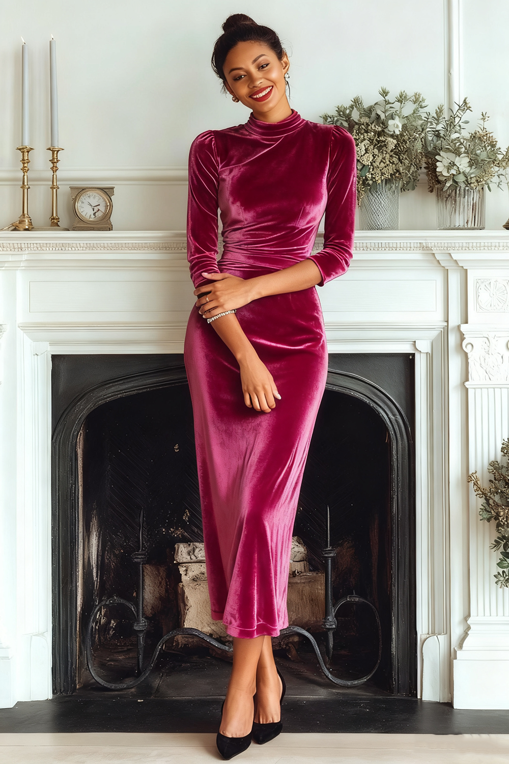 Dark Green Velvet High Neck Sheath Long Formal Dress with Sleeves