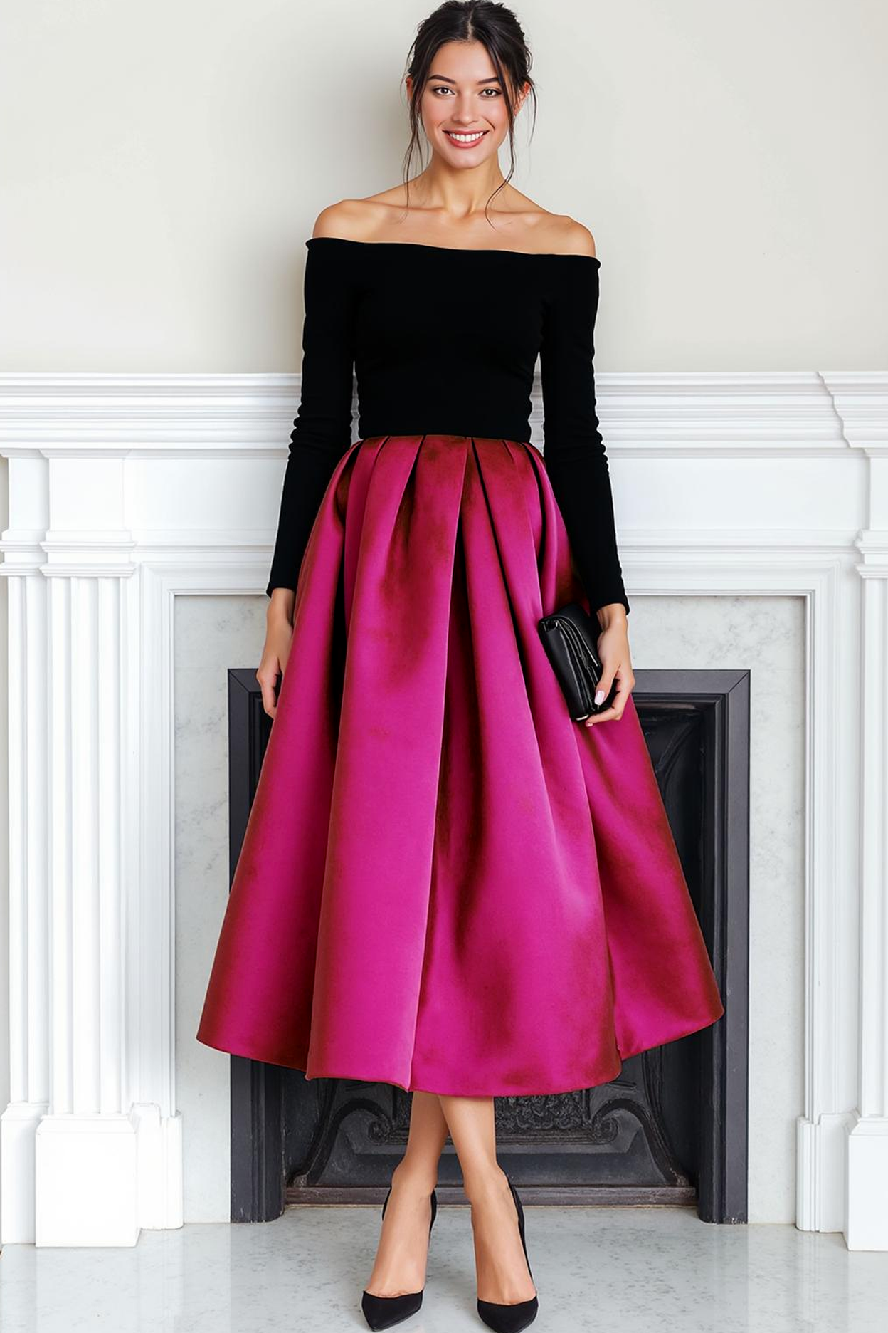 Black and Fuchsia Off the Shoulder A Line Long Evening Dress