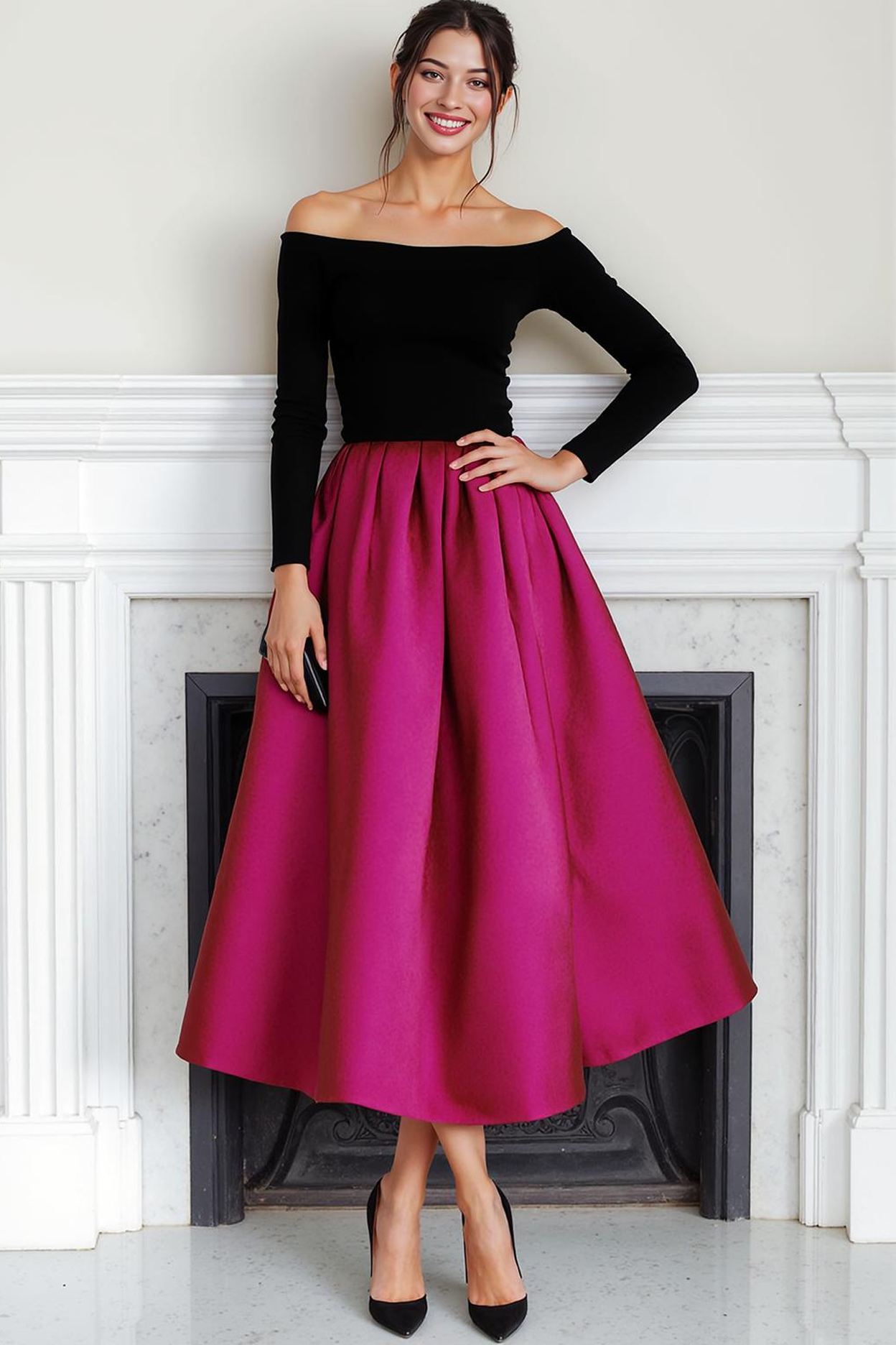 Black and Fuchsia Off the Shoulder A Line Long Evening Dress