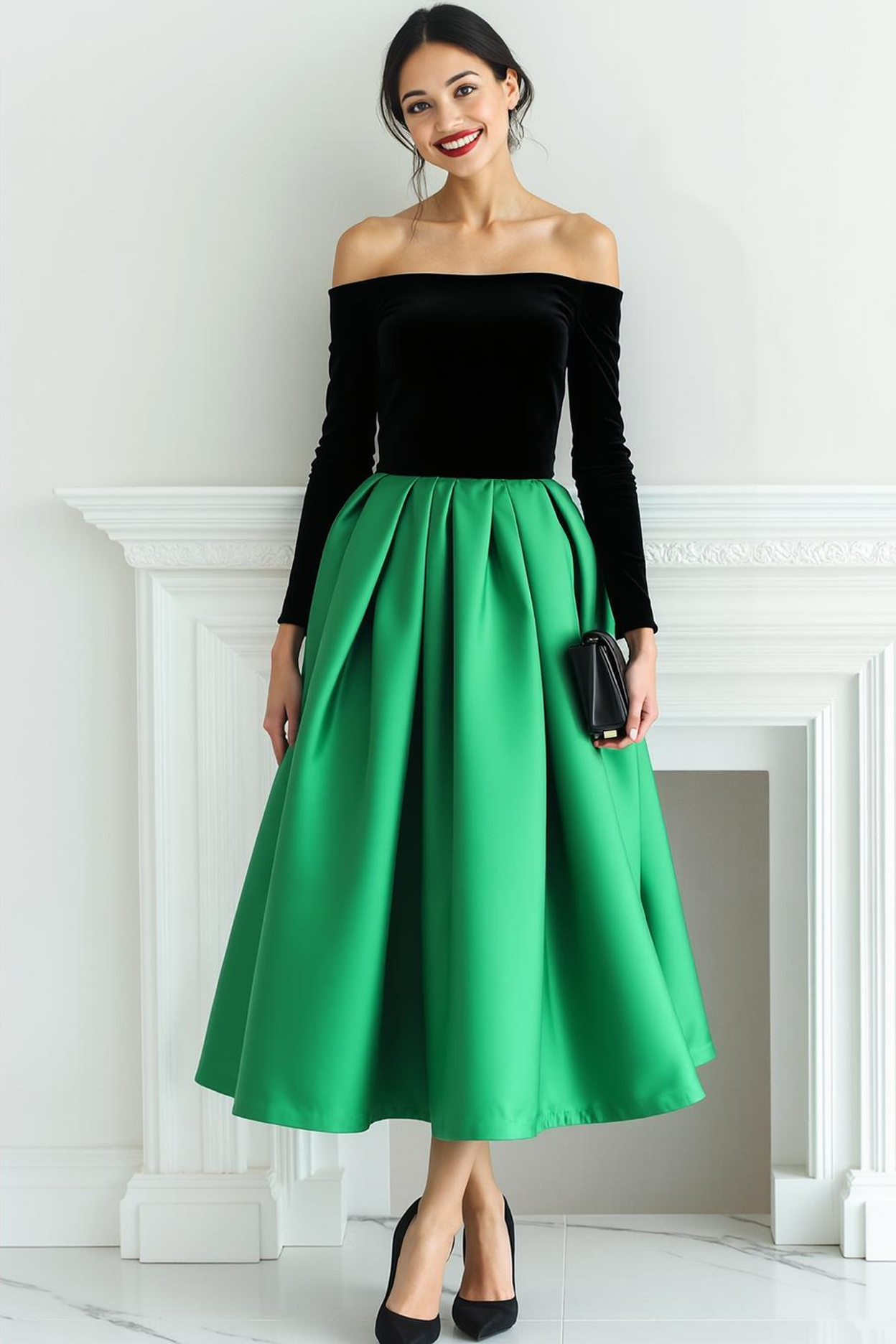 Leely Women Black and Fuchsia Maxi A Line Formal Dress Off the Shoulder Velvet Long Sleeves Evening Dress