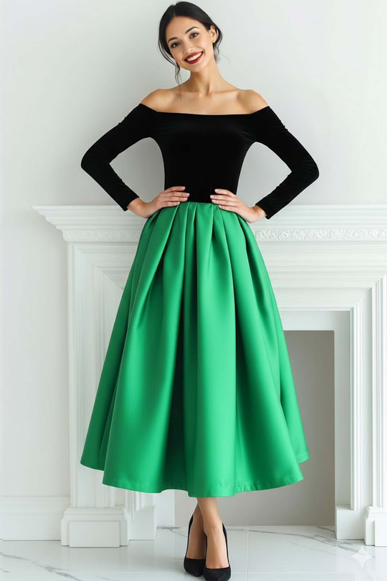 Black and Fuchsia Off the Shoulder A Line Long Evening Dress