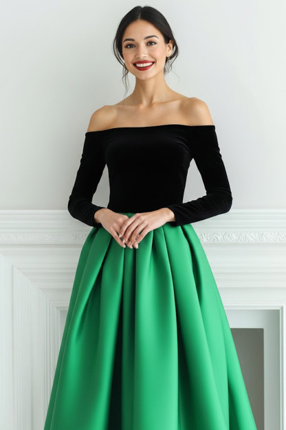 Black and Fuchsia Off the Shoulder A Line Long Evening Dress