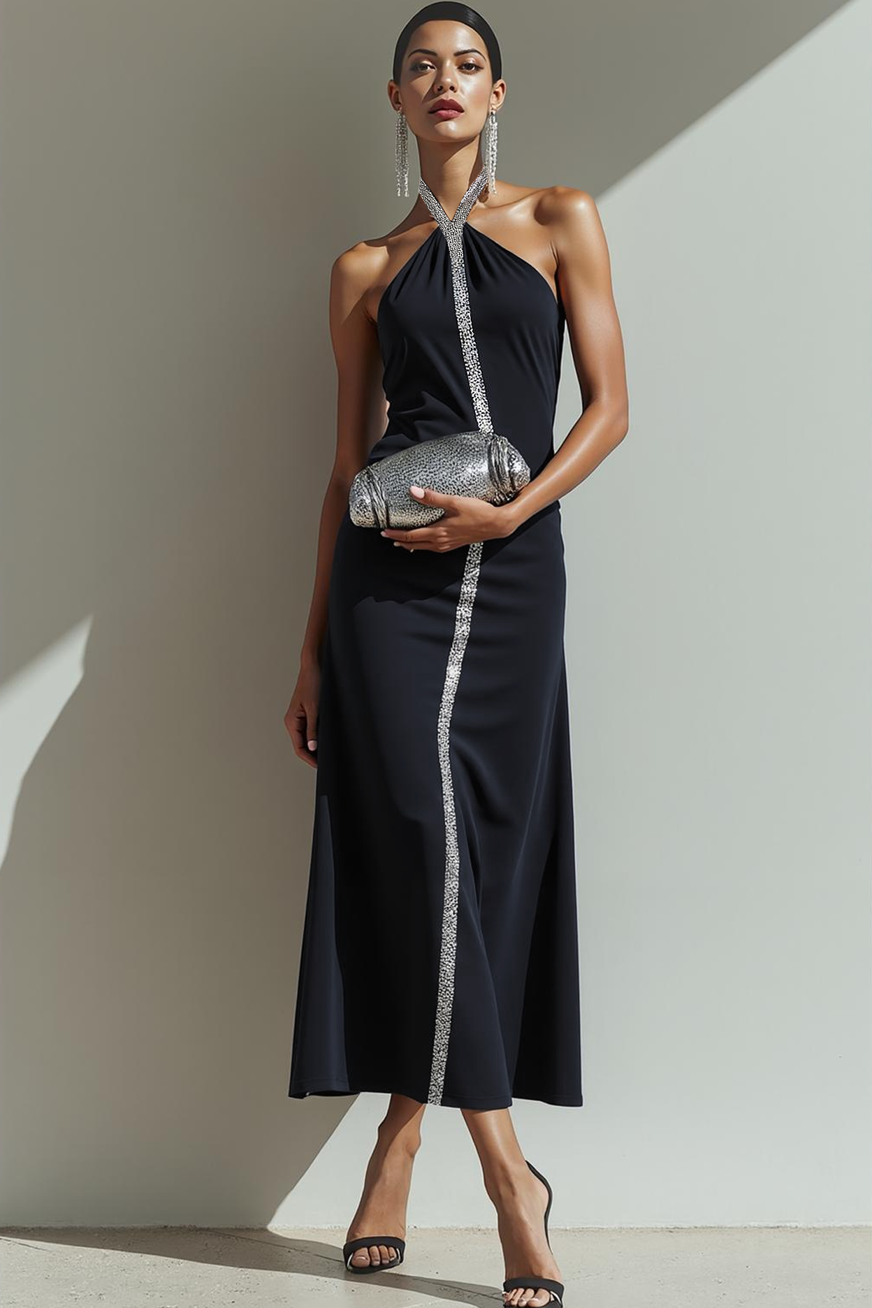 Navy Halter Sheath Backless Long Glitter Evening Dress
