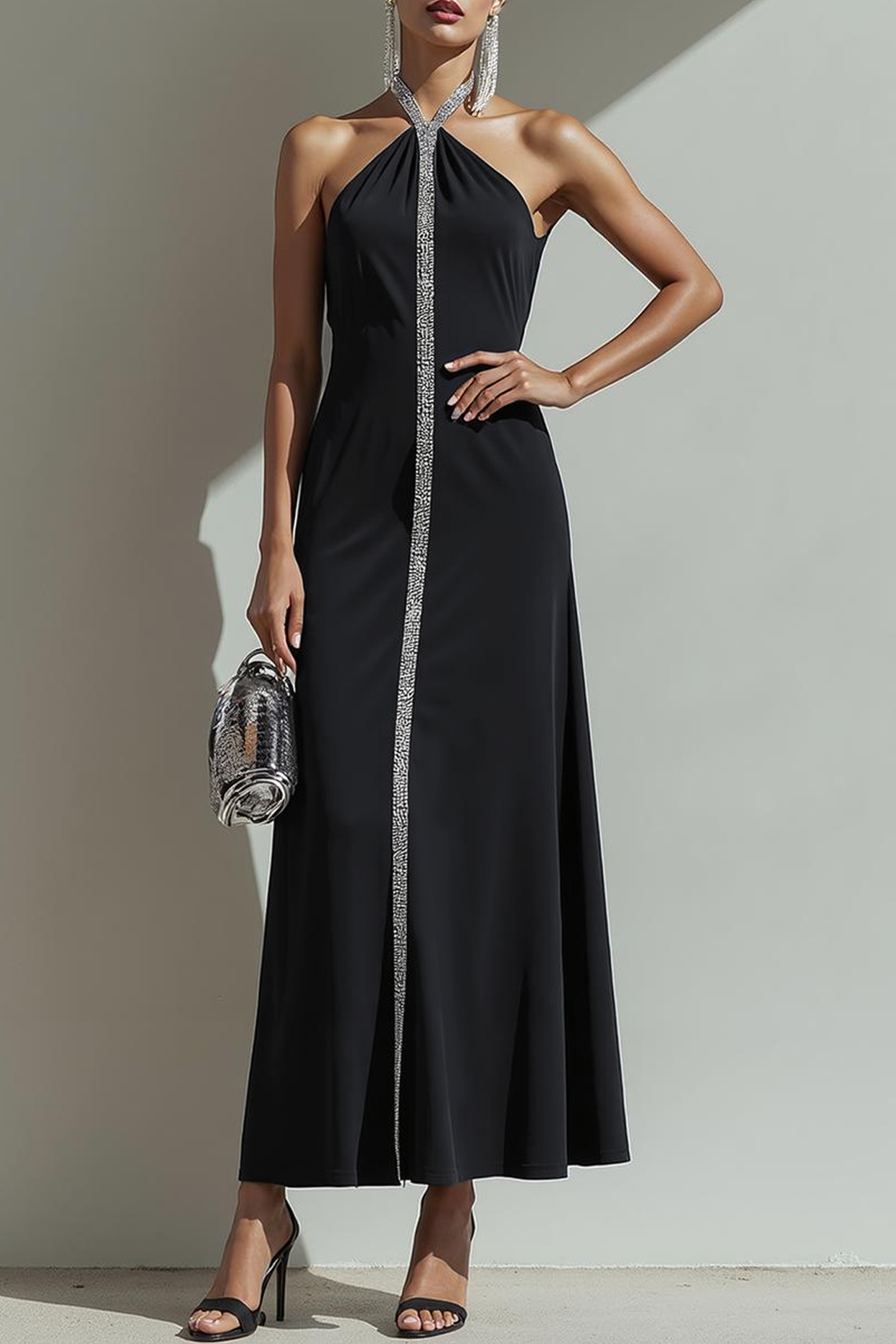 Navy Halter Sheath Backless Long Glitter Evening Dress