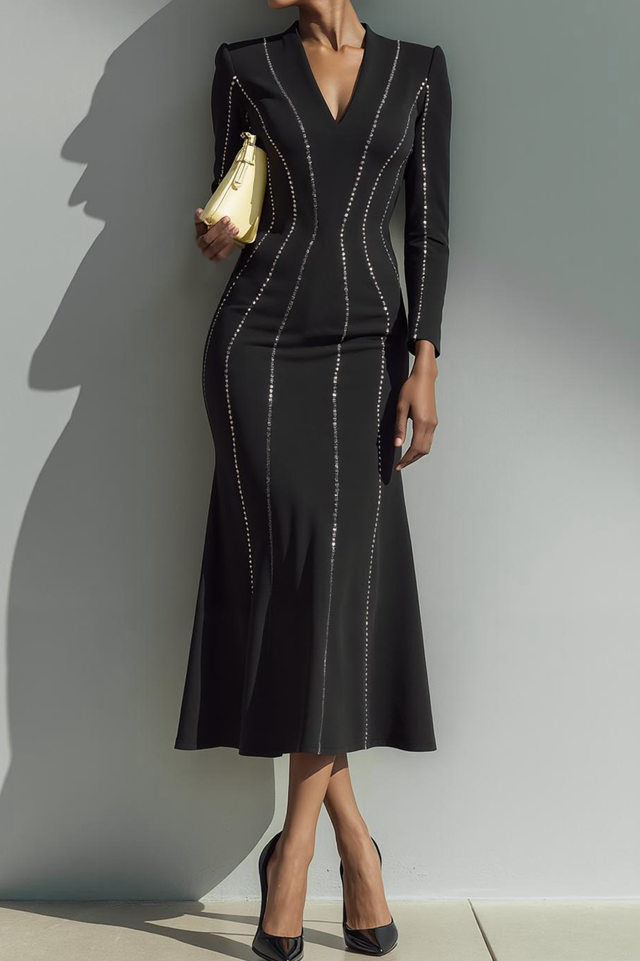 Black V Neck Mermaid Long Glitter Formal Dress with Sleeves