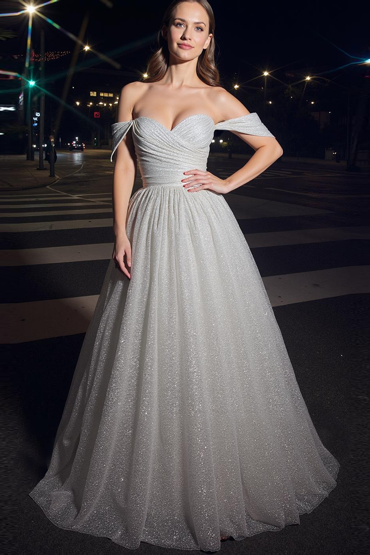 Leely Women Glitter Long White Gala Dress Ball Gown Off the Shoulder Ruched Red Carpet Dress