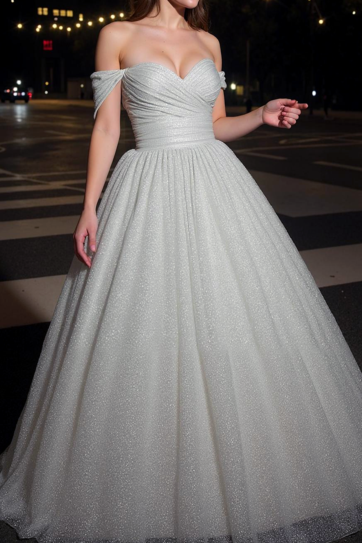 Glitter Long Ball Gown Off the Shoulder White Gala Dress