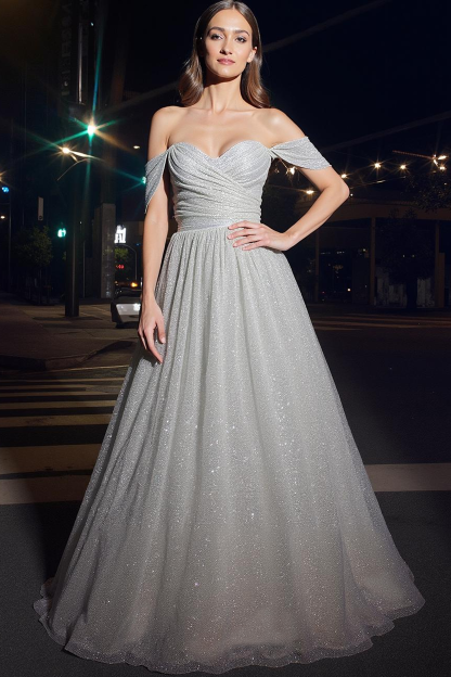 Glitter Long Ball Gown Off the Shoulder White Gala Dress