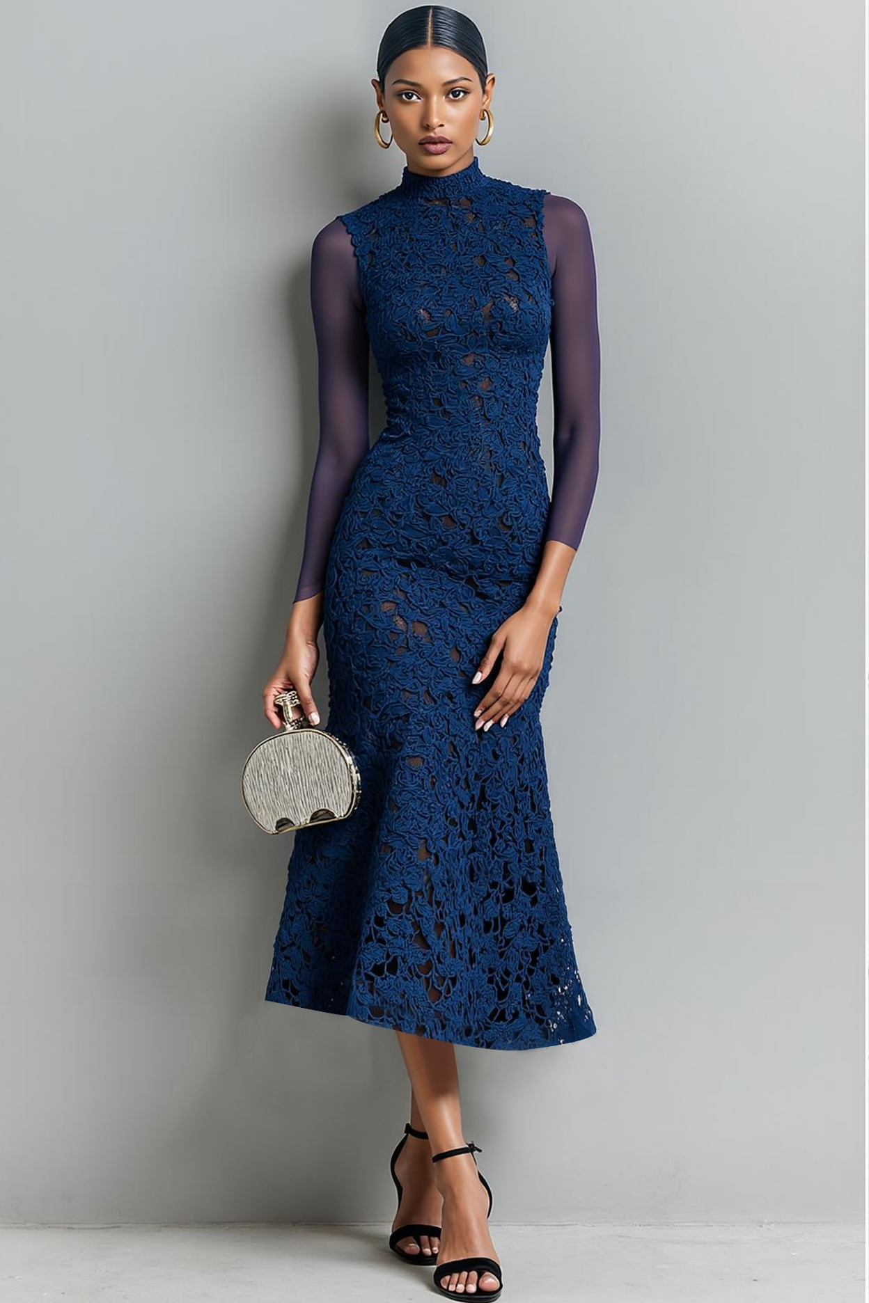 Navy Mermaid High Neck Maxi Evening Dress with Lace