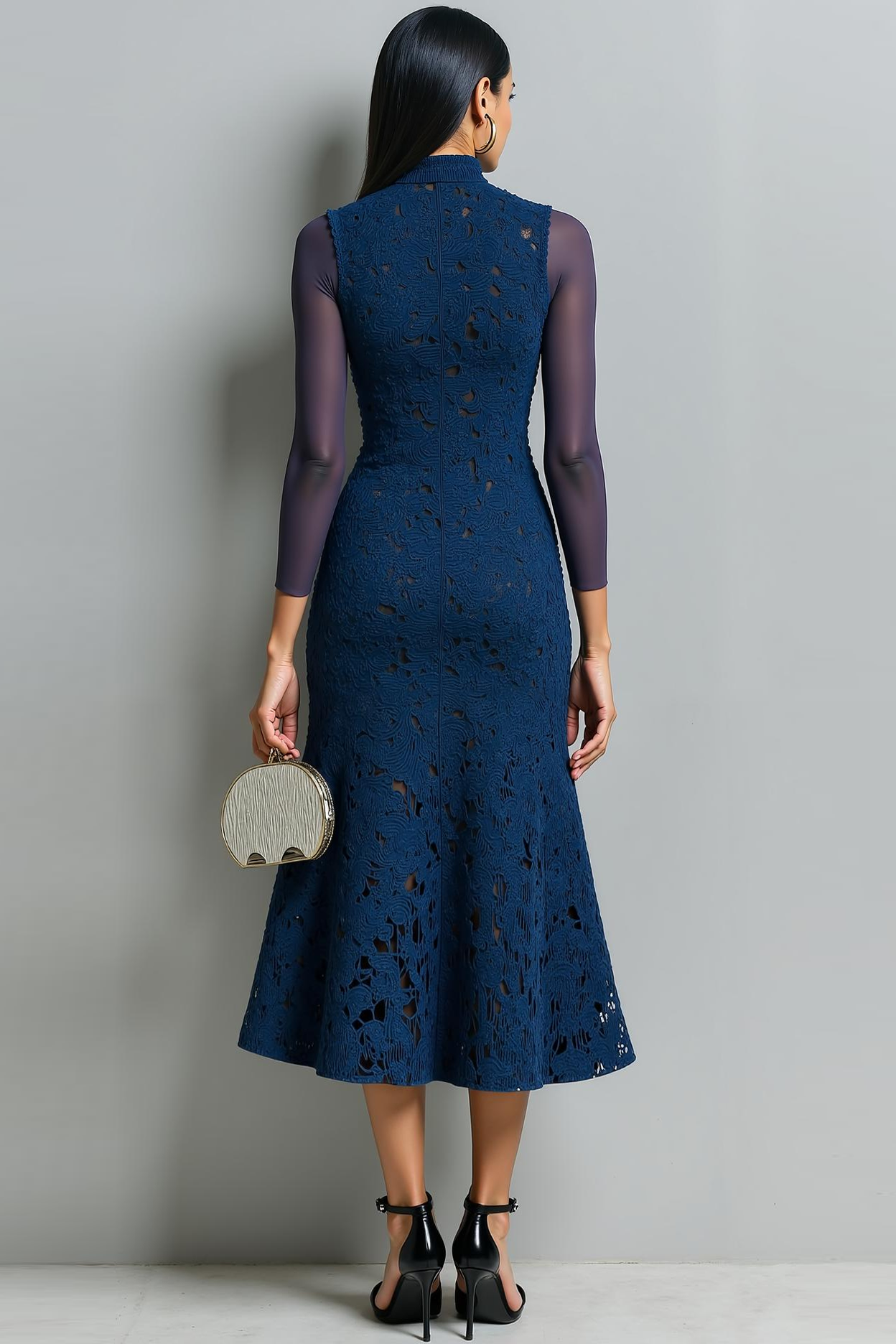 Navy Mermaid High Neck Maxi Evening Dress with Lace