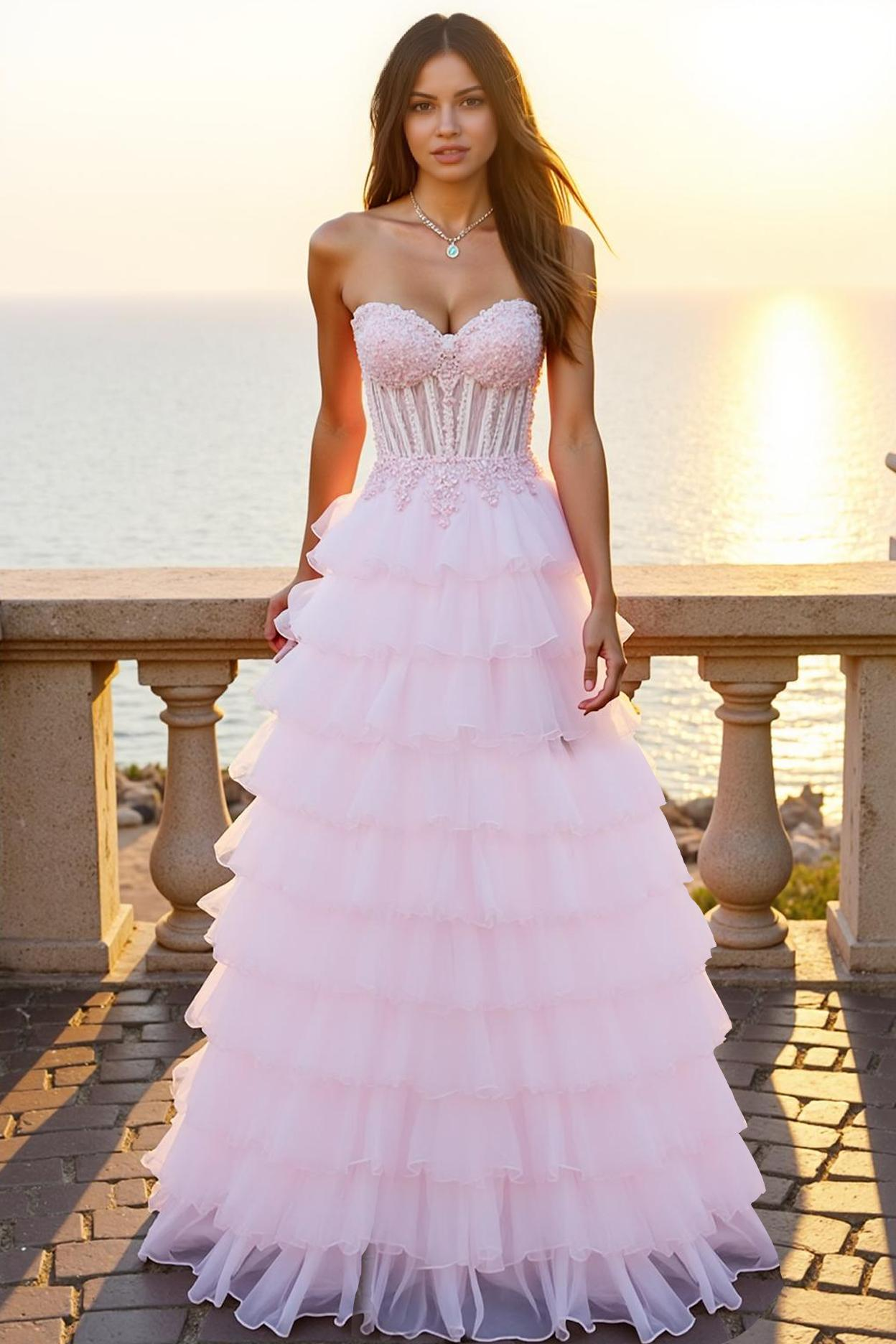 Leely Women Pink Corset Long Prom Dress with Appliques Strapless Tiered Ball Gown Evening Dress