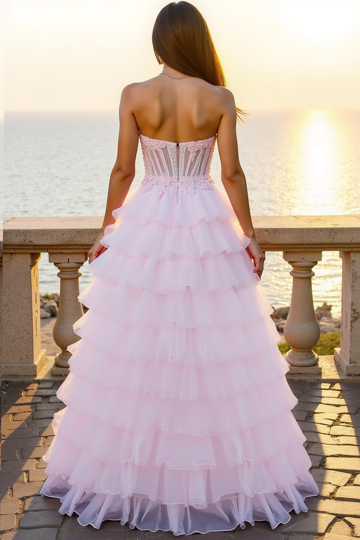 Pink Corset Strapless Tiered Ball Gown Long Prom Dress with Appliques