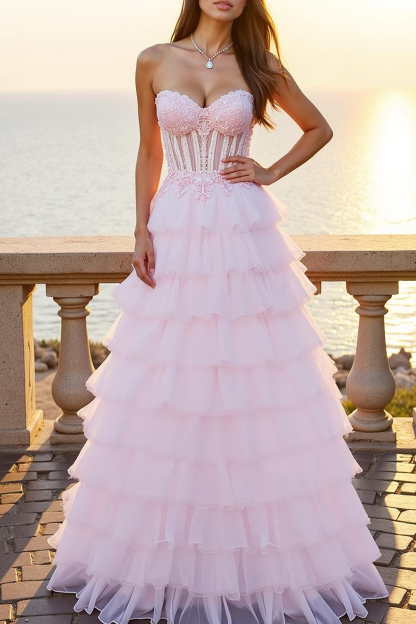 Pink Corset Strapless Tiered Ball Gown Long Prom Dress with Appliques