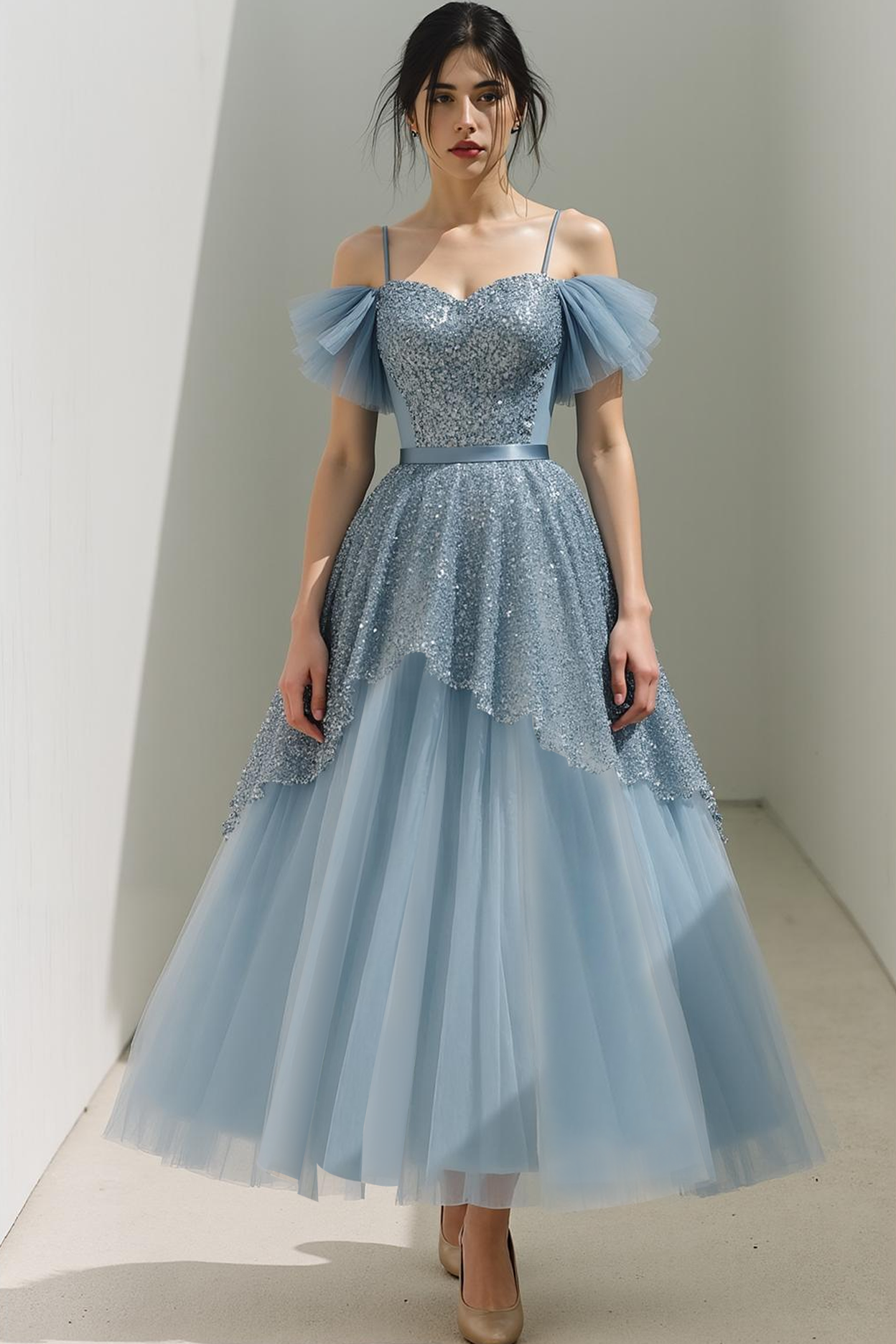 Sparkly Dusty Blue A Line Spaghetti Straps Maxi Prom Dress