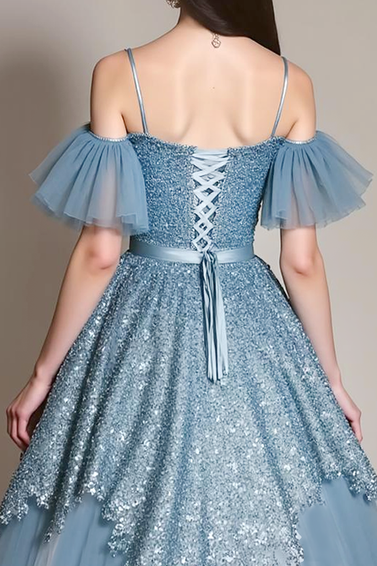 Sparkly Dusty Blue A Line Spaghetti Straps Maxi Prom Dress