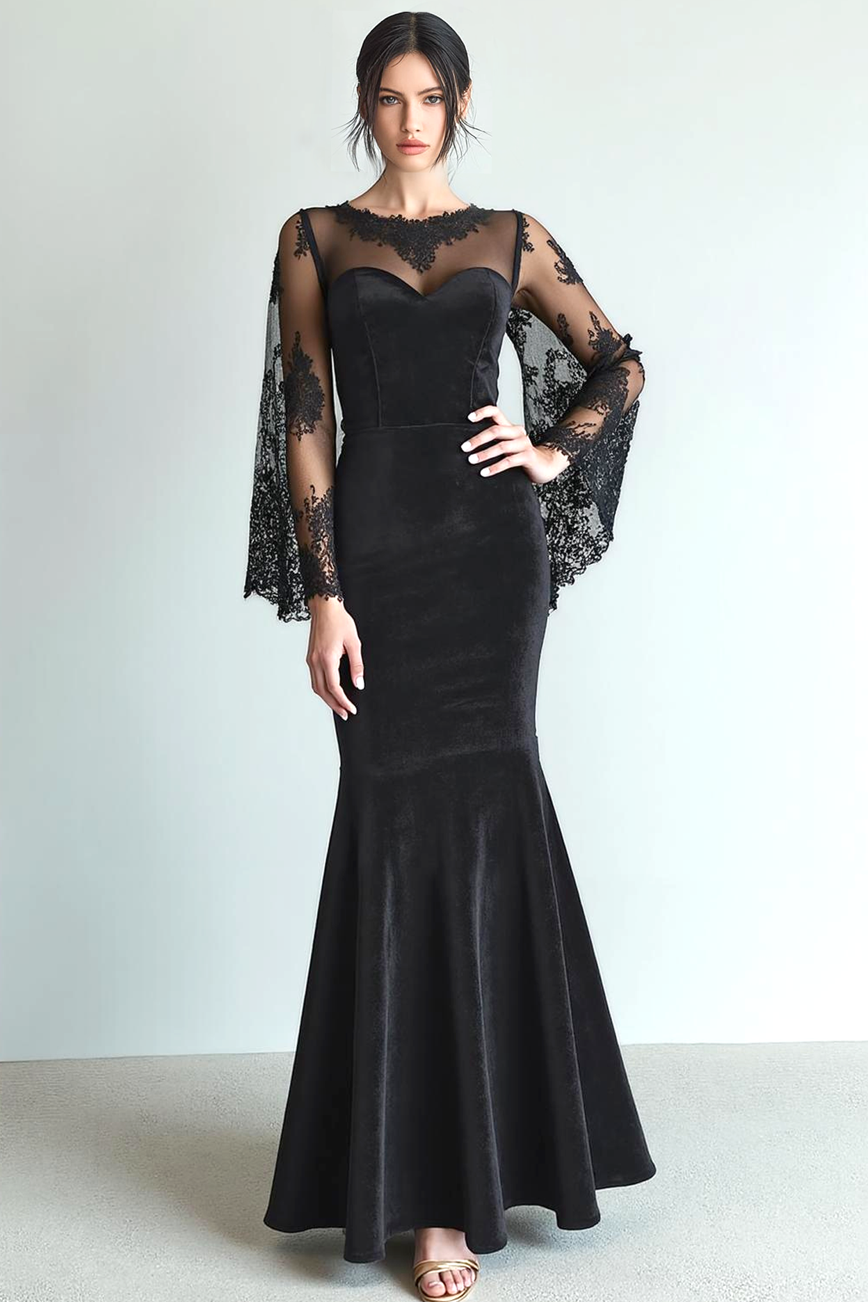 black tie holiday party dress Leely Women Black Maxi Mermaid Holiday Party Dress Long Sleeves Illusion Neck Black Tie Dress with Lace