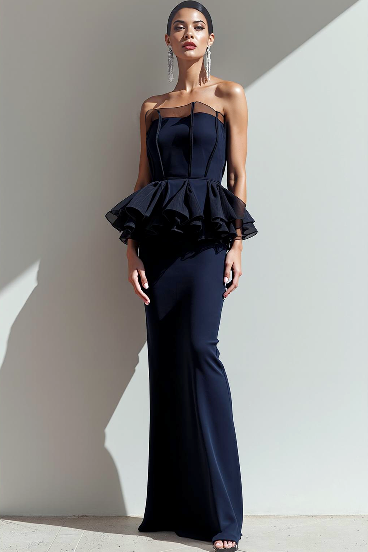 Leely Women Navy Sheath Maxi Formal Dress Strapless Sleeveless Black Tie Dress with Ruffles