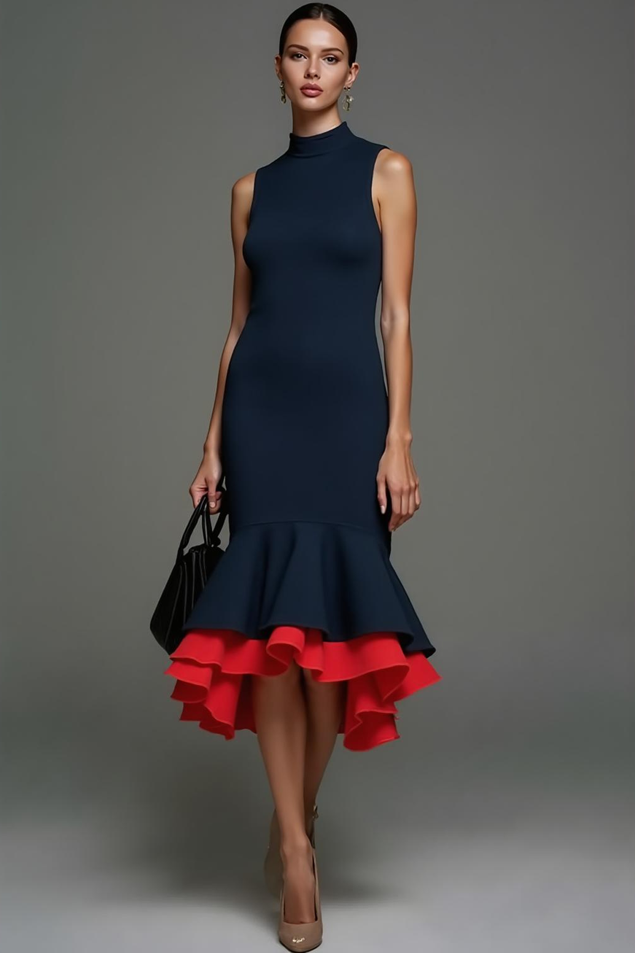 Navy High Neck Mermaid Midi Formal Dress with Ruffles