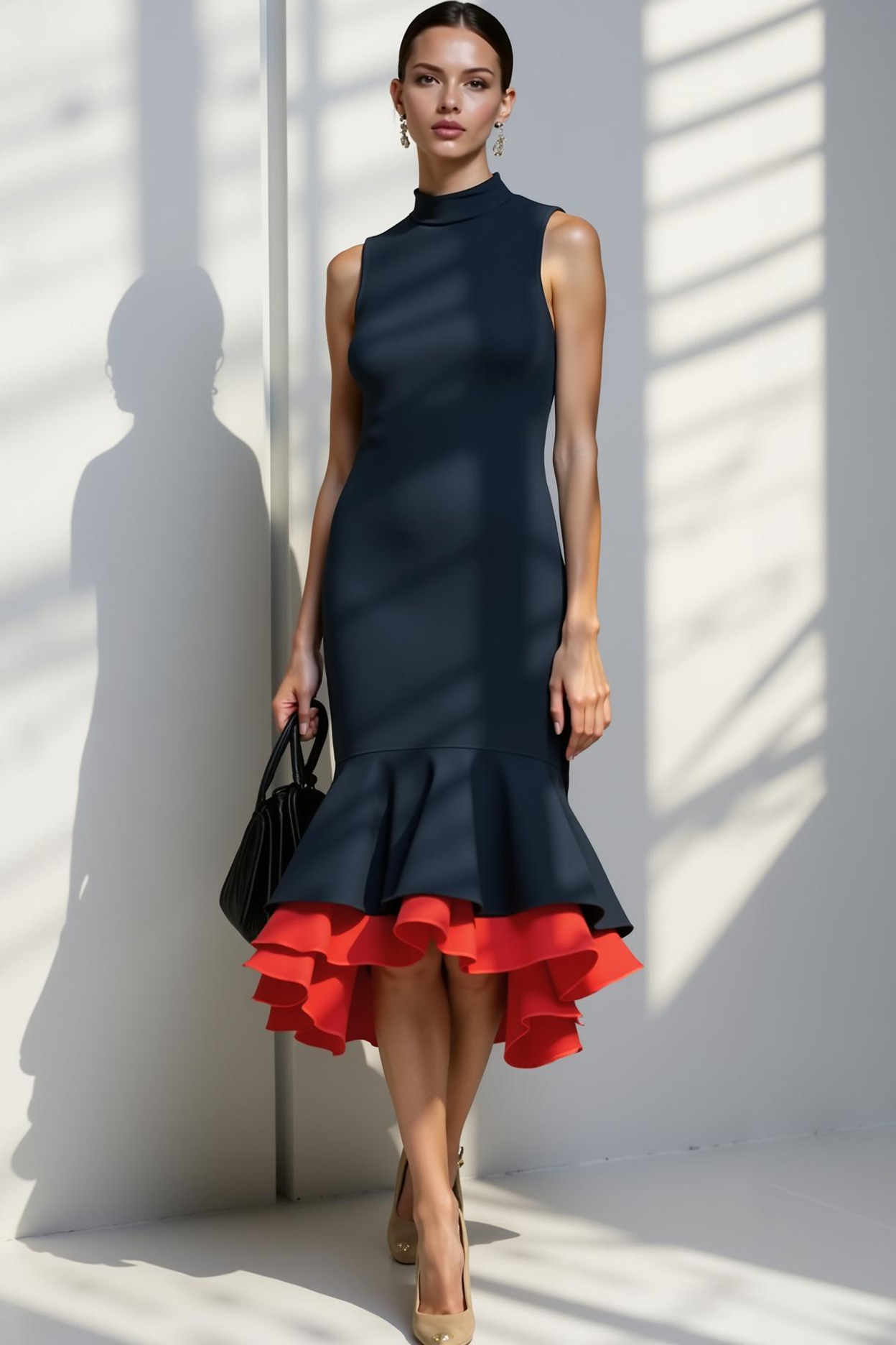 Navy High Neck Mermaid Midi Formal Dress with Ruffles