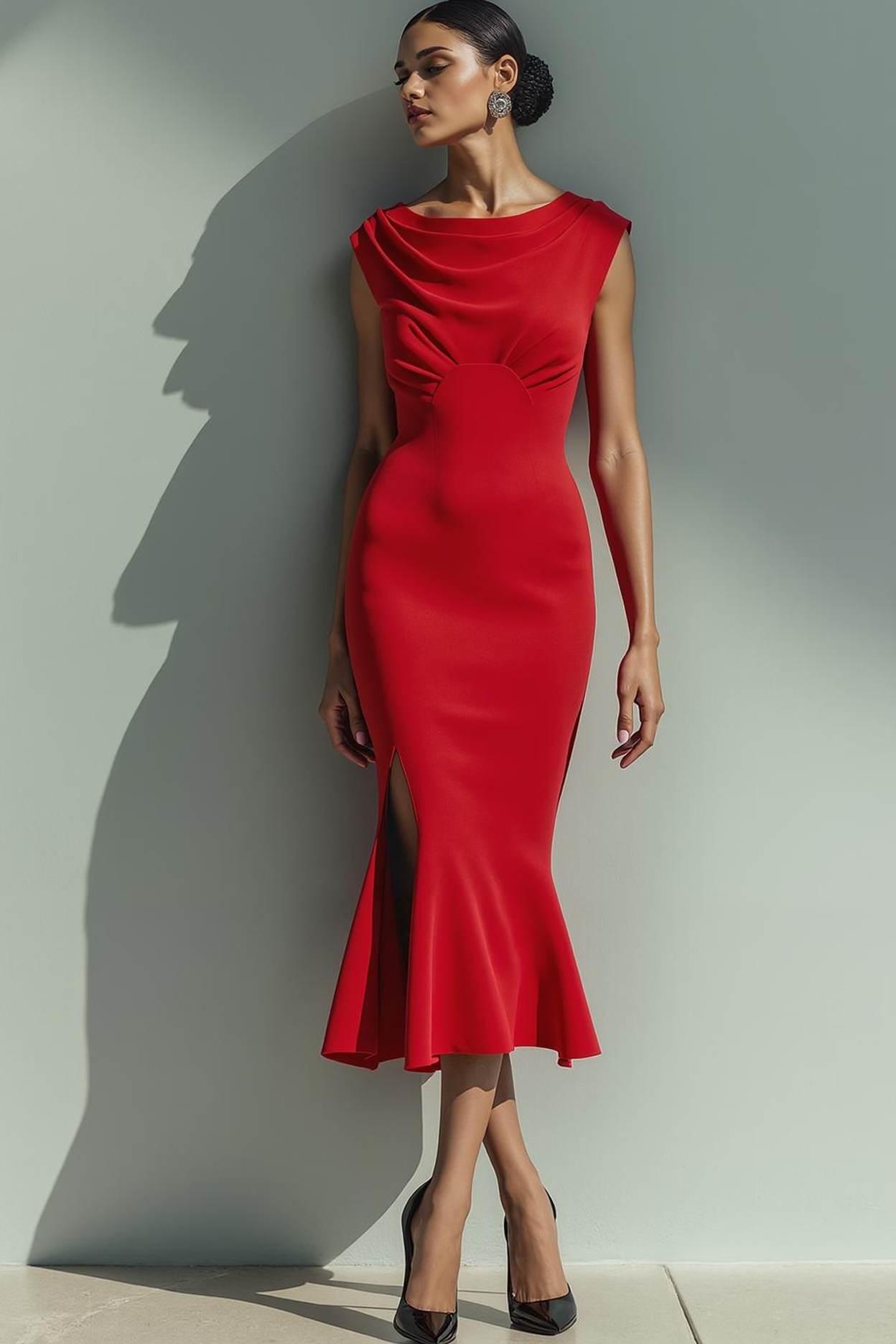 Red Mermaid Cowl Neck Maxi Formal Dress