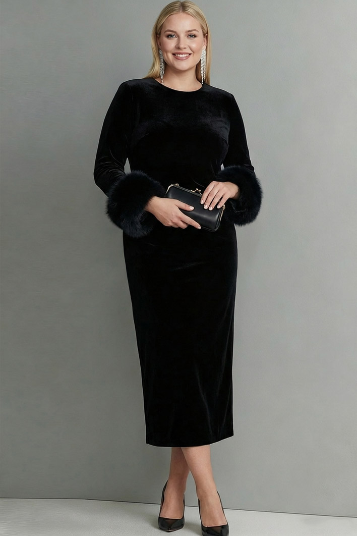 Dark Blue Velvet Sheath Long Formal Dress with Sleeves
