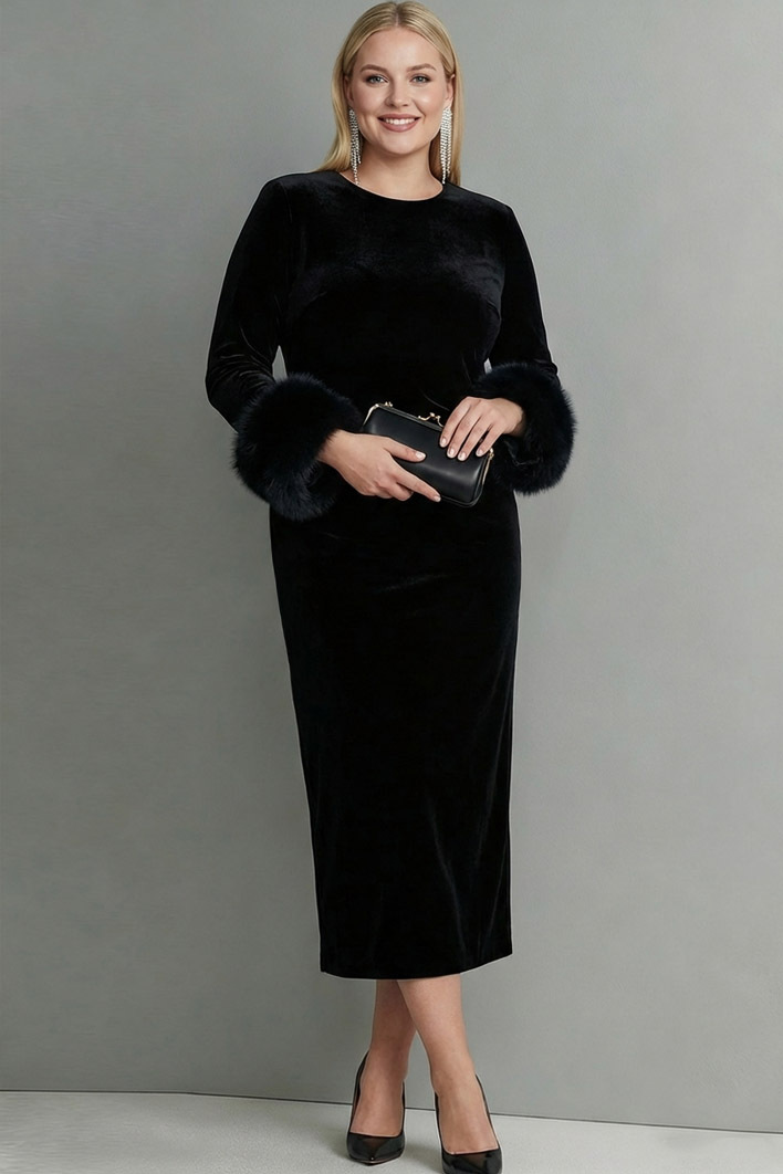 Dark Blue Velvet Sheath Long Formal Dress with Sleeves