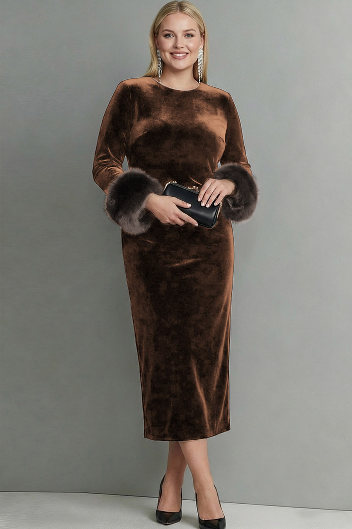 Dark Blue Velvet Sheath Long Formal Dress with Sleeves