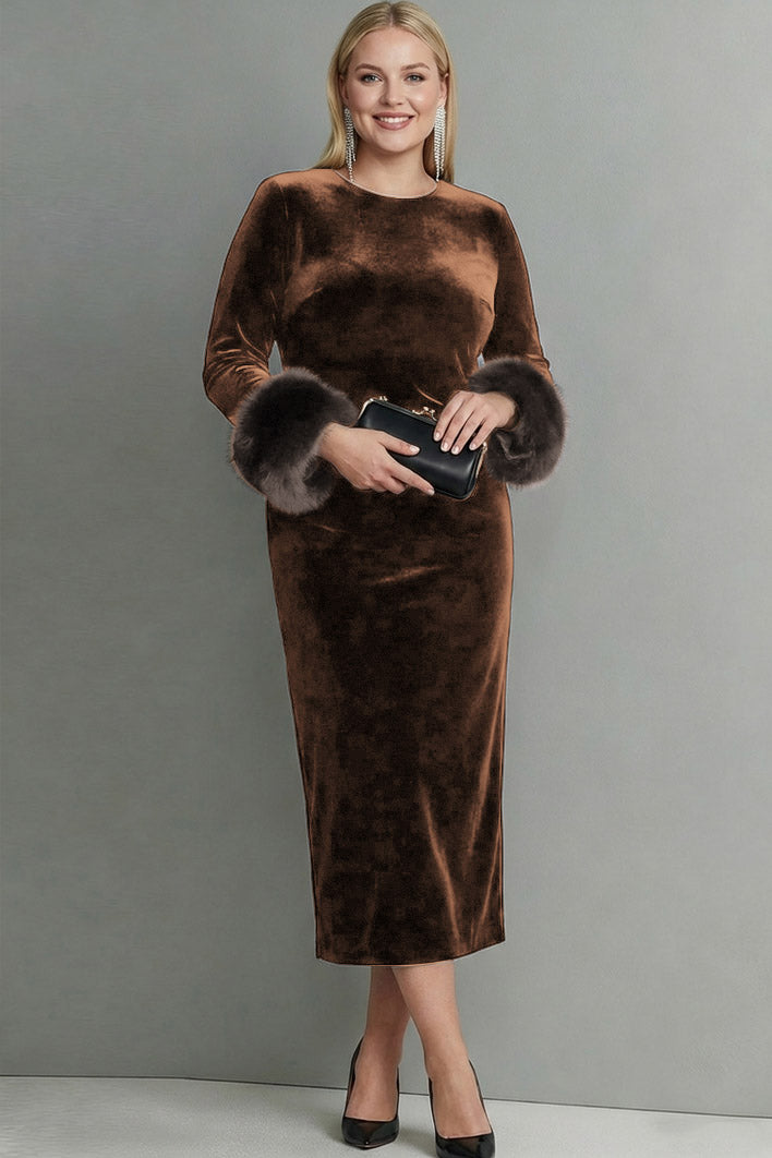 Dark Blue Velvet Sheath Plus Size Long Holiday Party Dress with Sleeves