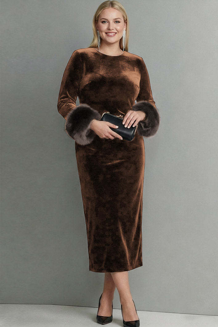 Dark Blue Velvet Sheath Plus Size Long Holiday Party Dress with Sleeves