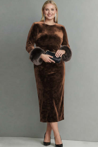 Dark Blue Velvet Sheath Plus Size Long Holiday Party Dress with Sleeves