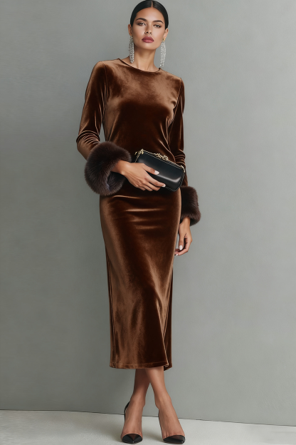 Dark Blue Velvet Sheath Long Formal Dress with Sleeves