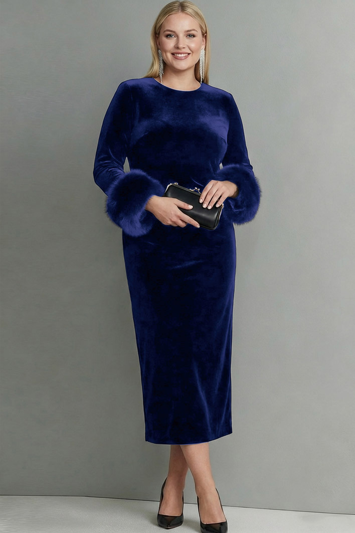 Dark Blue Velvet Sheath Long Formal Dress with Sleeves
