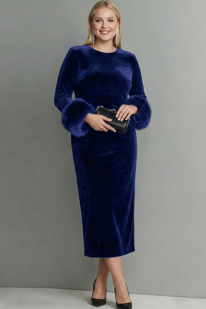 Dark Blue Velvet Sheath Long Formal Dress with Sleeves