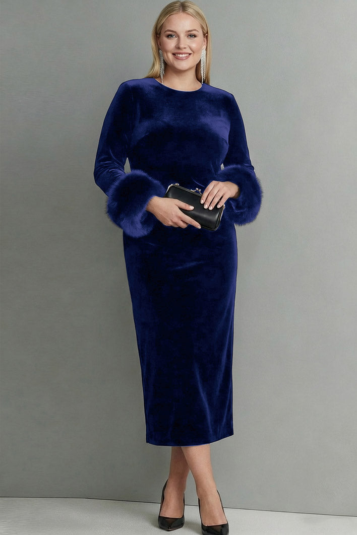 Dark Blue Velvet Sheath Plus Size Long Holiday Party Dress with Sleeves